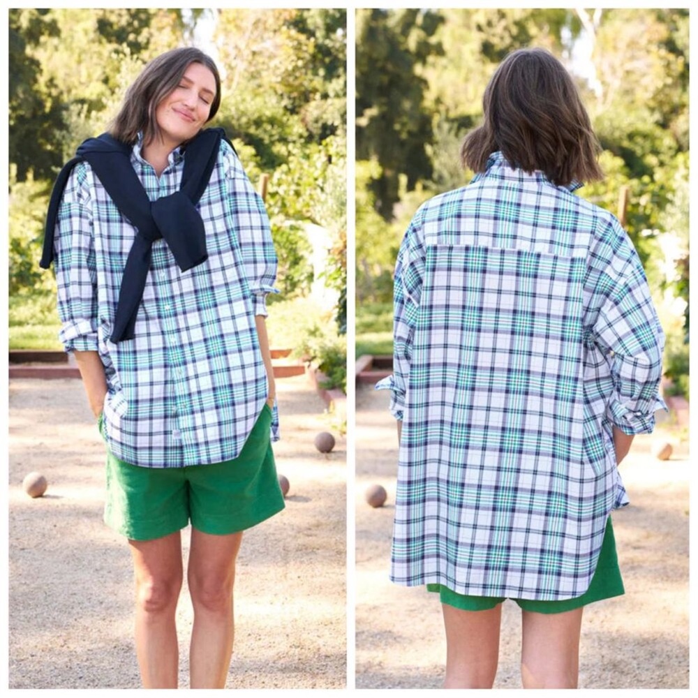 Frank & Eileen $258 Shirley Oversized Button up Shirt Navy Plaid sz medium